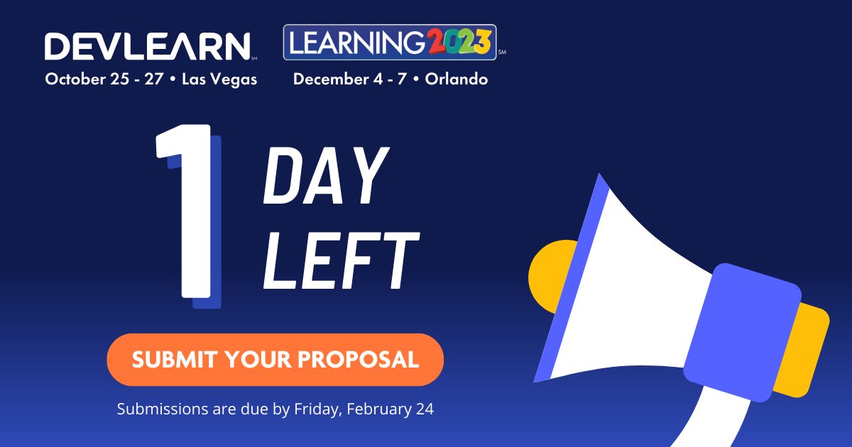 LearningGuild's tweet photo. Time is running out... session proposals for both @devlearn and @learning2023_us are due tomorrow, February 24. Don't miss the chance to share your story and work with the L&D community at our fall events. https://t.co/CfoSdYfgwK
#DevLearn #Learning2023 #Learning23 https://t.co/4z15fMPZwJ