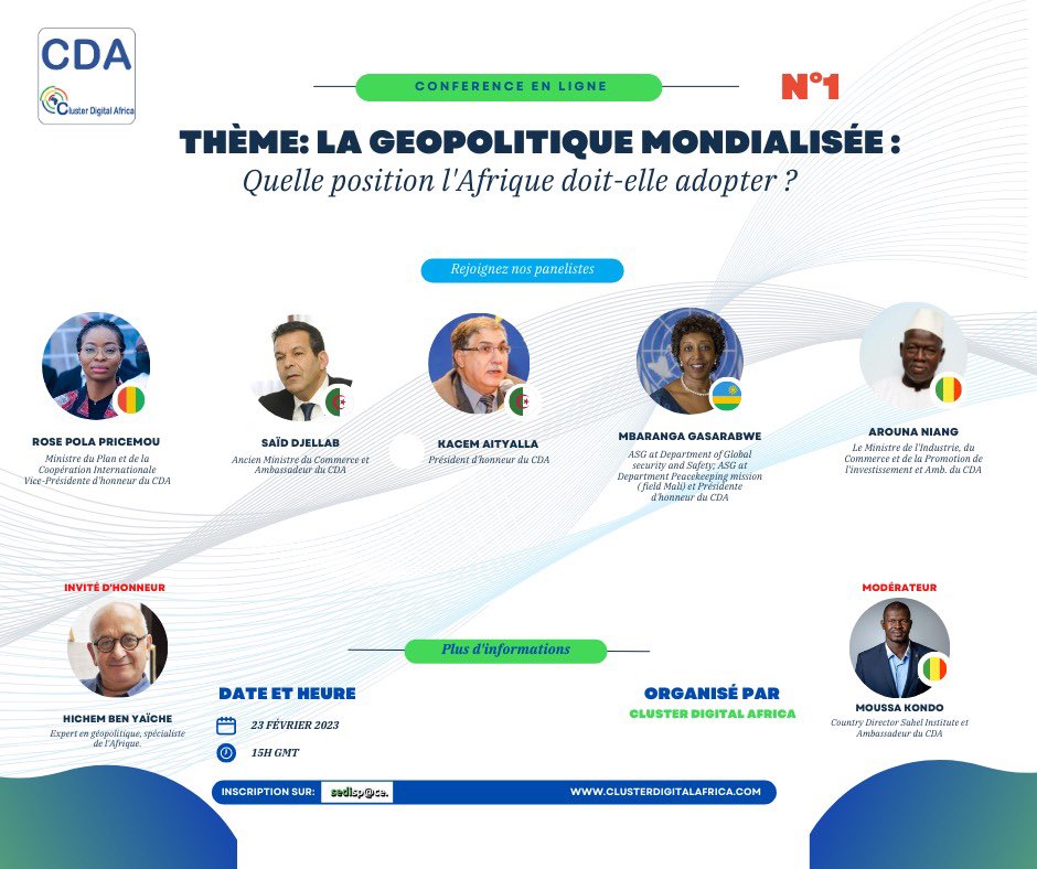 clusterdafrica's tweet photo. 📣📣 Tic - Tac

🚨🚨Nous sommes déjà sur place 

Joignez-vous à nous pour suivre le  Webinaire que nous organisons ce jeudi 23 Février 2023 à 15h00 GMT sur LA GEOPOLITIQUE MONDIALISÉE.

📌Lien pour participer👇👇:

https://t.co/Ob2Jo7rkbB

#CDA #sedispace #géopolitique #Afrique https://t.co/eLSJRJ02Lx