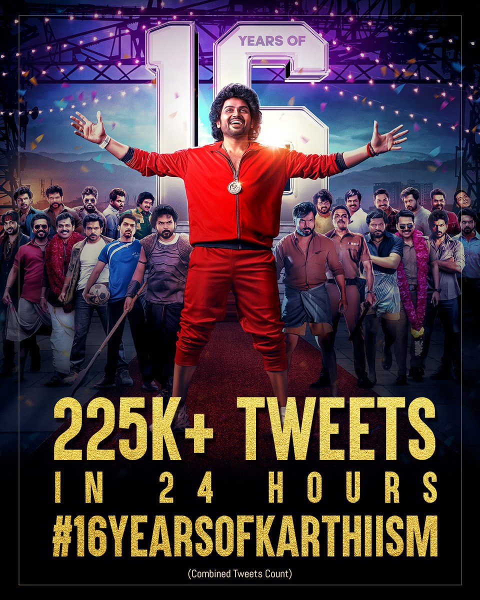 arulcena10's tweet photo. A Cumulative Total Of 225k+ 🔥Tweets Has Been Registered On Celebrating #16YearsofKarthiism In 24 Hours 💥
Thanking Everyone 🙏 Who Participated In The Trend & Made It Huge 💪 #16YearsOfKarthi @Karthi_Offl ❤️
#Japan #Karthi #Kaithi2 @prabhu_sr #Karthi25 https://t.co/vnPieprVVH