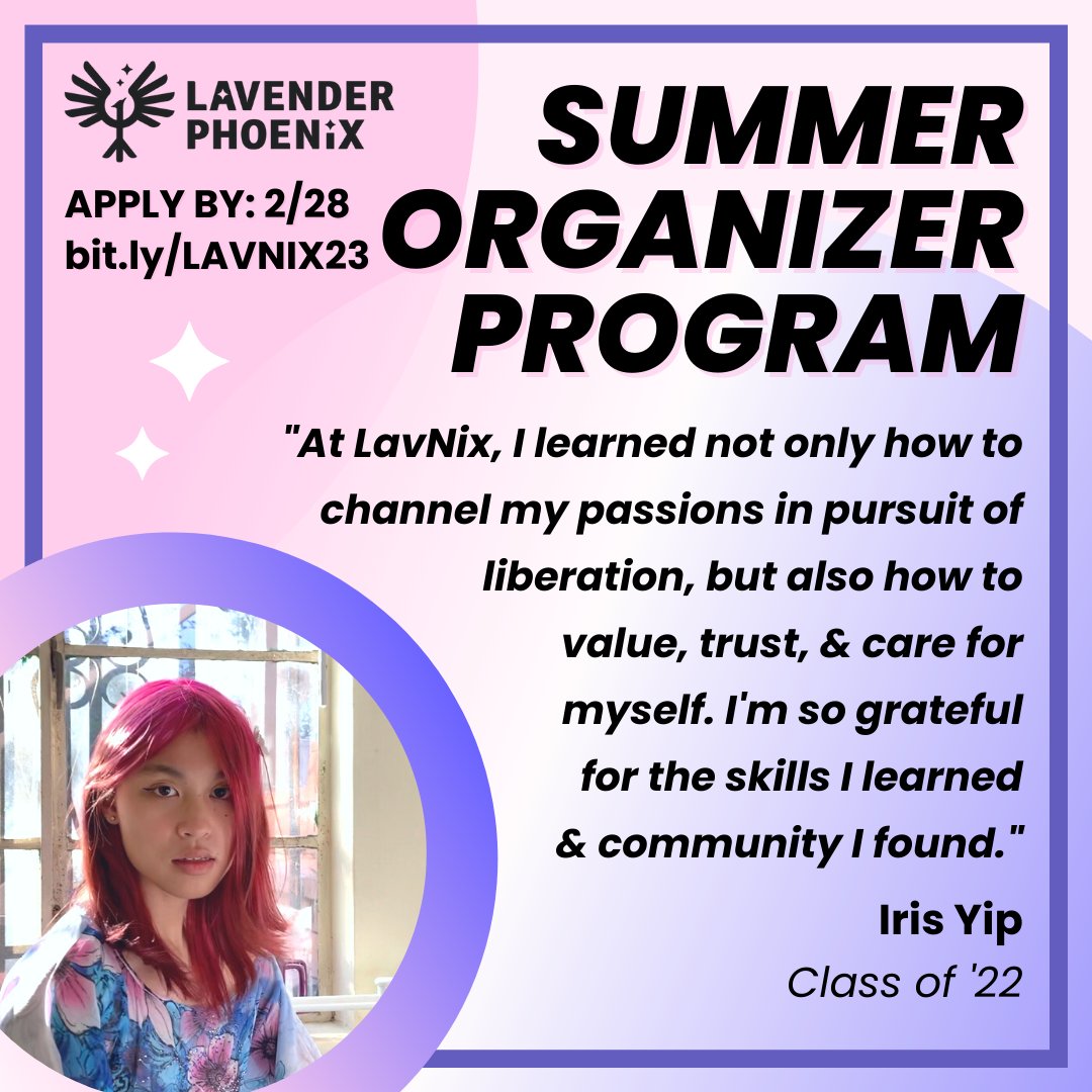 “I learned not only how to channel my passions in pursuit of liberation, but also how to value, trust, & care for myself.” - Iris Yip 📣 Are you a young trans and queer API looking to expand your values? Apply at bit.ly/LAVNIX23 by February 28th. ⭐