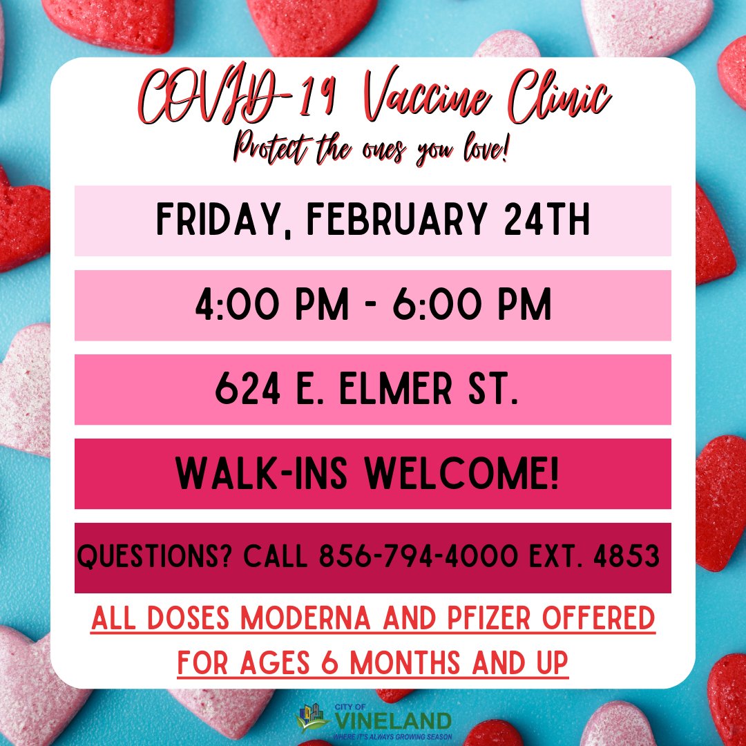 📢Protect the ones you love and come get vaccinated or boosted with us TOMORROW (2/24/23) from 4p-6p!💕Vaccines and Booster doses will be available for those ages 6 months and up!💕 Questions? Call 856-794-4000 ext. 4853💕