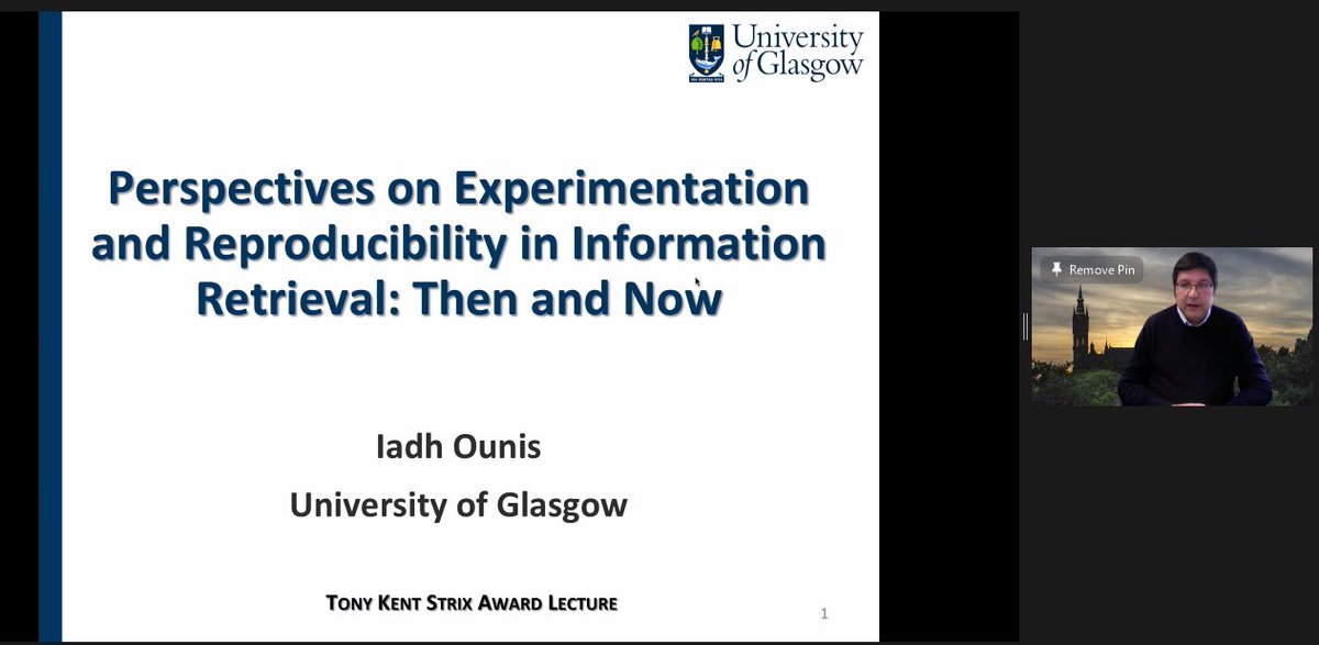 hitarth_08's tweet photo. Listening to Iadh Ounis @iadh presenting the 2022 Tony Kent Strix Annual Memorial Award Lecture #UKeiGStrix @UKeiG entitled: 

"Perspectives on Experimentation and Reproducibility in Information Retrieval: Then and Now" https://t.co/kqYY0QTuDT