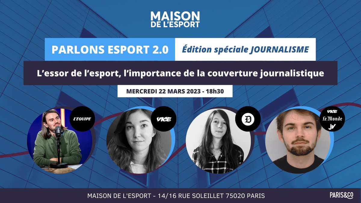 Maison de l'Esport (@maisonesport) on Twitter photo On revient avec les #ParlonsEsport à la <a href="/MaisonEsport/">Maison de l'Esport</a> ! 🔥
RDV pour une édition spéciale sur le journalisme esportif avec nos invité(e)s : <a href="/Paul_Dejala/">Paul Arrivé</a>, <a href="/ClemenceDuneau/">Clémence Duneau</a>, <a href="/salty_swan/">SaltySwan</a> & <a href="/AurelienDefer/">Aurélien Defer</a> 🗞️
📅 Mercredi 22/03 à 18h30
🎟️ Lien d'inscription : bit.ly/PE_Journalisme… On revient avec les #ParlonsEsport à la <a href="/MaisonEsport/">Maison de l'Esport</a> ! 🔥
RDV pour une édition spéciale sur le journalisme esportif avec nos invité(e)s : <a href="/Paul_Dejala/">Paul Arrivé</a>, <a href="/ClemenceDuneau/">Clémence Duneau</a>, <a href="/salty_swan/">SaltySwan</a> & <a href="/AurelienDefer/">Aurélien Defer</a> 🗞️
📅 Mercredi 22/03 à 18h30
🎟️ Lien d'inscription : bit.ly/PE_Journalisme…