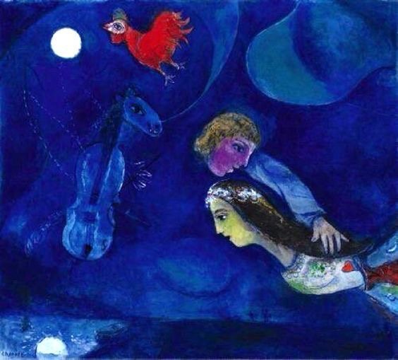 #IoScrivoLaNotte
#SalaLettura

Non posso camminare attraverso i sobborghi 
nella solitudine della notte senza pensare che la notte 
ci piace perché, come il ricordo, sopprime i particolari oziosi.
JLBorges 

Chagall