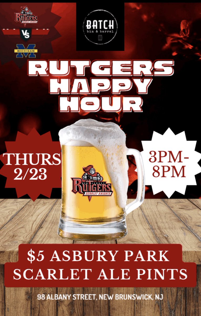 BatchBinBarrel's tweet photo. Rutgers nation!!! Stop by Batch Bin &amp; Barrel before supporting your Men’s basketball team take on Michigan tonight. 

HAPPY HOUR SPECIAL:
~ $5 Asbury Park Brewery Scarlet Ale Pints

Grab a flatbread or cheese board with your beer, go Rutgers! https://t.co/gd3nVkH5Vb