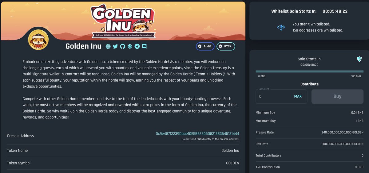 GoldenInuToken's tweet photo. It's time for 🌟 #GOLDENHORDE 🌟 to shine! 

The $GOLDEN presale opens at 9 PM UTC for the lucky whitelisted wallets and closes at 10 PM UTC today.

If the hardcap isn't met, it will open to the public until filled. #crypto #presale #BSC #Cryptocurency

https://t.co/TTOsCeE9ZF https://t.co/BGR7bLuKnq