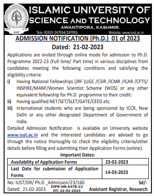 Islamic University o Science & Technology, Awantipora @iustjk invites applications for admission to PhD in various disciplines @jkscientists @JK__Expert @admissionnews1 @IUST_Alumni @PhDAdmissions
