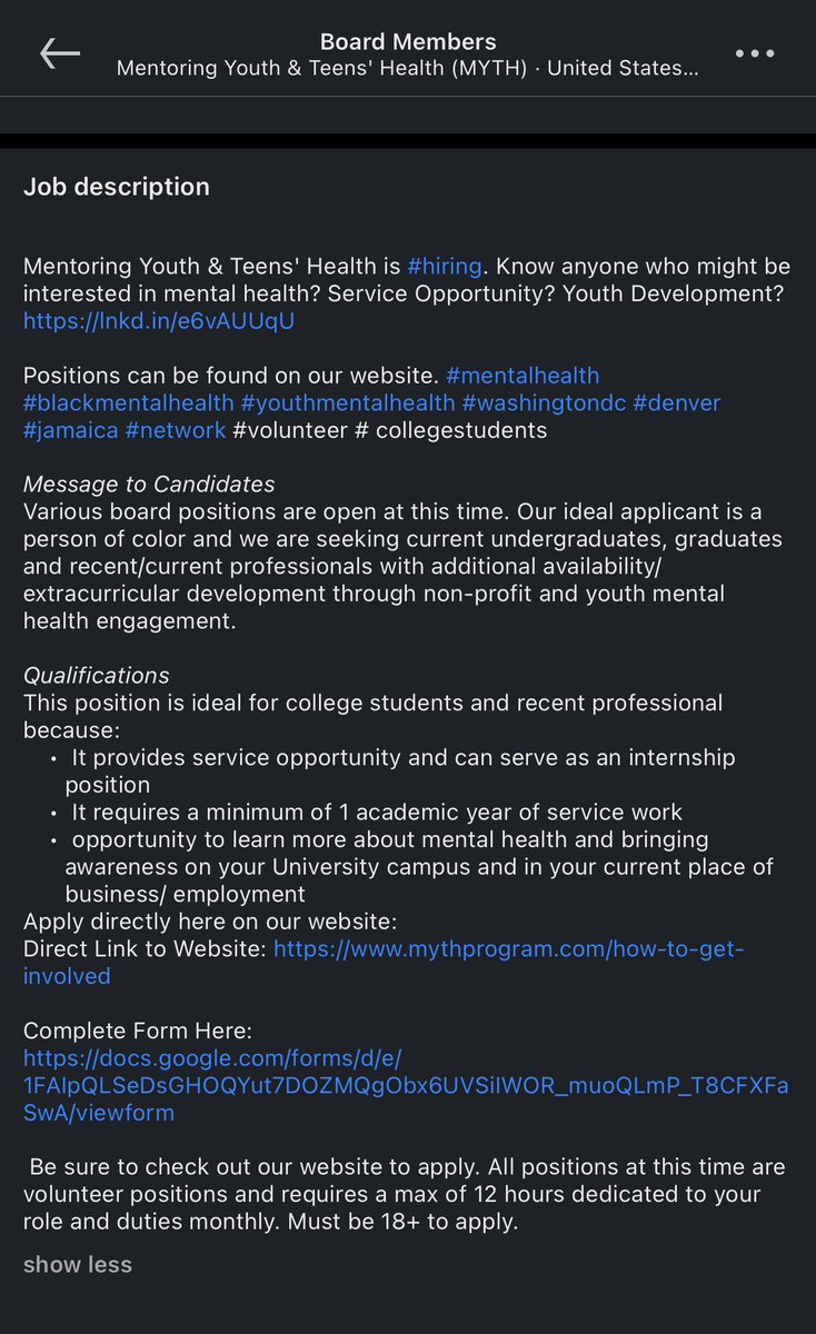 MYTH is hiring! Be sure to check out our website and LinkedIn for description and posts. #mentalhealth