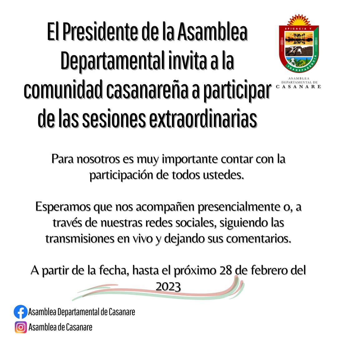 El Presidente de la #AsambleaDepartamentaldeCasanare, Jorge Eduardo Garcia, invita a los casanareños a que hagan parte de este periodo de sesiones extraordinarias, durante esta semana hasta el próximo martes 28 de febrero de 2023. ¡Su participación es importante, los esperamos!