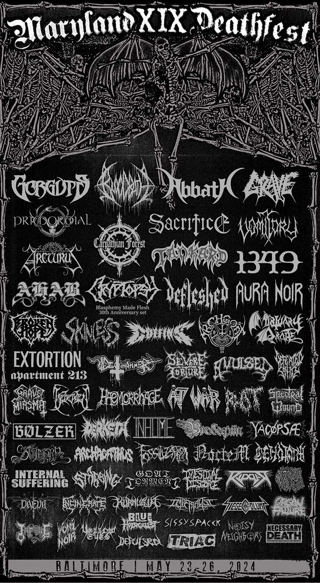 RelapseRecords's tweet photo. Updated Maryland Deathfest 2024 lineup featuring Coffins, Haemorrhage &amp; Skinless playing songs from their first two albums!

@Coffins_JP @HaemorrhageGore @SkinlessBand https://t.co/JxfZiaCYGu