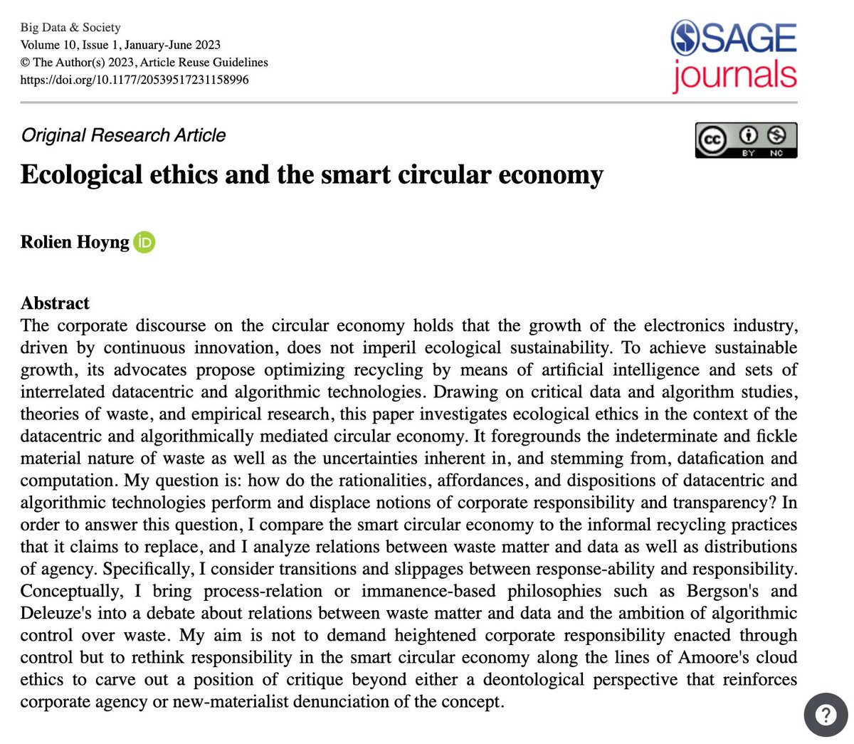 BigDataSoc's tweet image. 🚨 ➡️ New publication on #ecologicalethics and #smartcirculareconomy! @rolienhoyng asks how rationalities, affordances, and dispositions of datacentric and algorithmic technologies perform and displace notions of #corporateresponsibility and #transparency. buff.ly/3Ir6Mdn