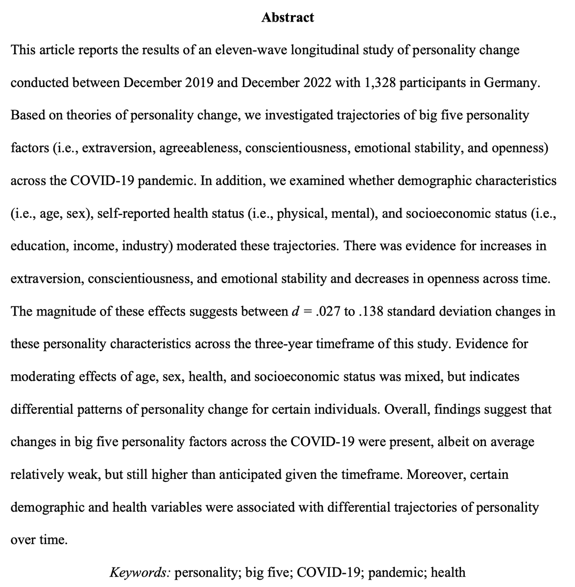 CortRudolph's tweet image. Very pleased to share our new paper (with @HannesZacher) "Individual Differences and Changes in Personality During the COVID-19 Pandemic" accepted today for publication in #SPPC. Thank you @Chops310 for your support and editorial guidance! 

Preprint Here:
psyarxiv.com/2643b