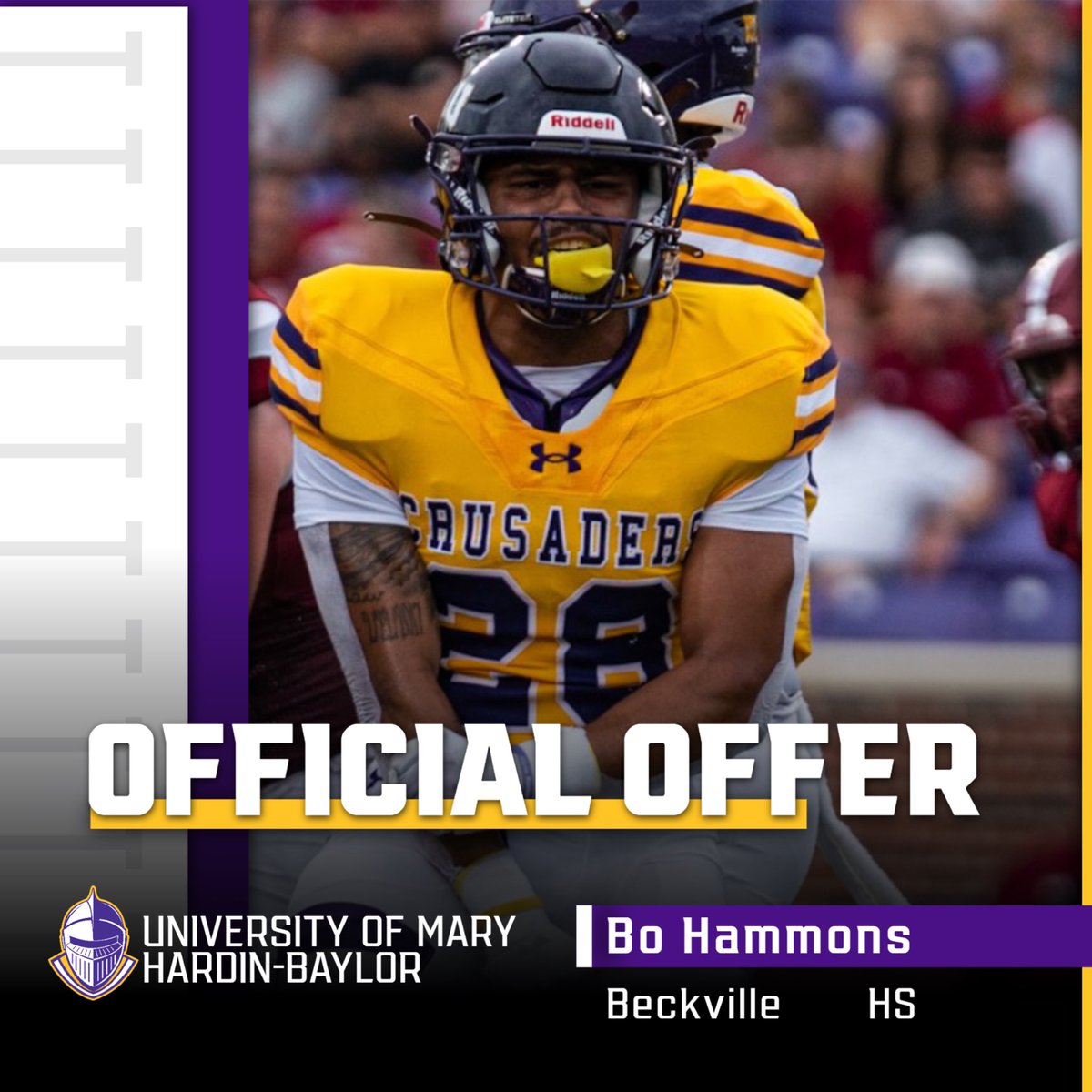 Bo Hammons (@hammons_bo) on Twitter photo I am extremely HONORED that I got offered to play at the University of Mary-Hardin Baylor!!! <a href="/Manmakerallday/">Nathaniel Jones</a> <a href="/CruFootball/">UMHB Football🏈</a> #GoCru 🟣🟡 I am extremely HONORED that I got offered to play at the University of Mary-Hardin Baylor!!! <a href="/Manmakerallday/">Nathaniel Jones</a> <a href="/CruFootball/">UMHB Football🏈</a> #GoCru 🟣🟡