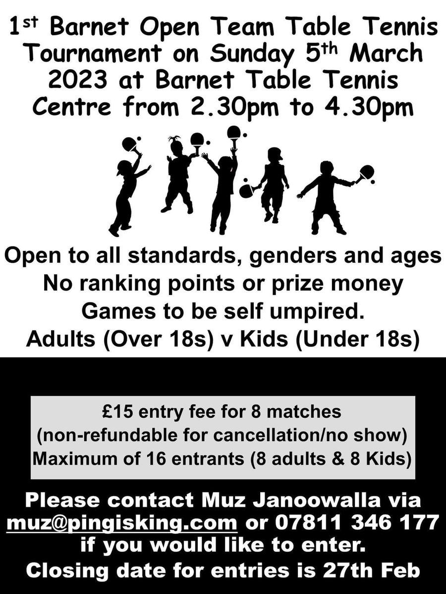 Anyone interested in a #TABLETENNIS tournament in #Barnet on Sunday 5th March at 2.30pm. It is perfect for recreational to intermediate level players. Please get in touch if you are interested and please share with table tennis loving friends in the area.