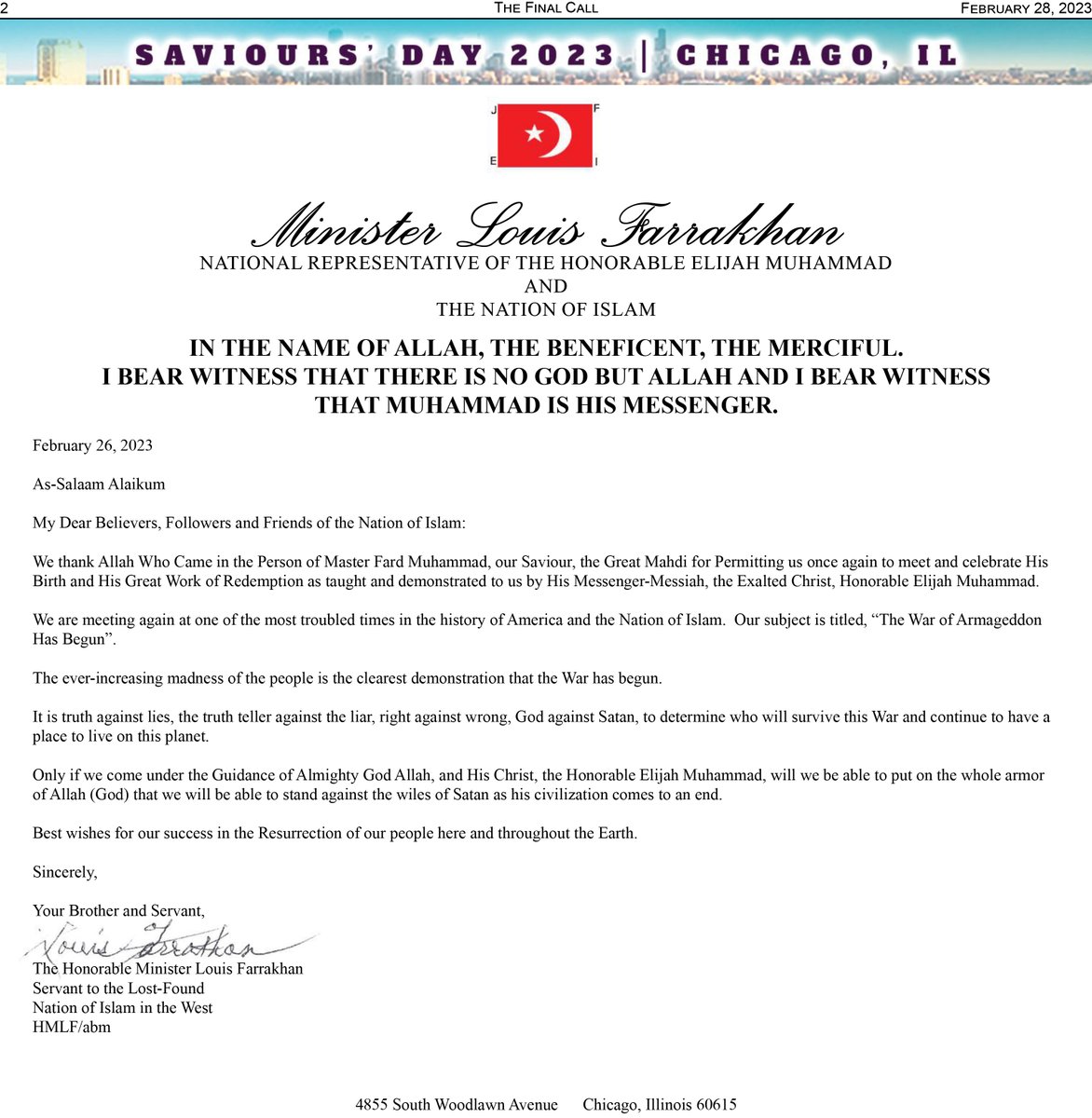 LouisFarrakhan's tweet photo. As-Salaam Alaikum,

My Dear Believers, Followers and Friends of the Nation of Islam: 

Here's my official Saviours' Day 2023 letter.

#Farrakhan #SD2023 https://t.co/30p7QaJQ7Z