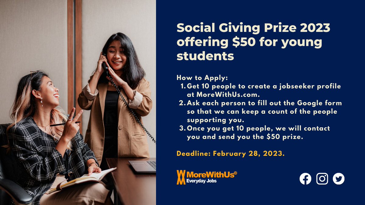 morewithus's tweet photo. We launched a new social giving prize program in February 2023 for young students!
#Morewithus - Everyday jobs is providing multiple $50 #prizes to young students. Apply Today and join our platform with your friends! 
More details: https://t.co/0KSrxhtTjX https://t.co/Z5rIT3Q1yT