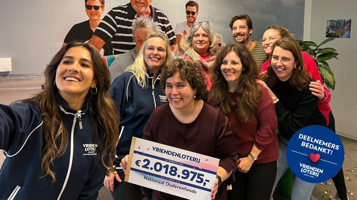 Nat. Ouderenfonds (@ouderenfonds) on Twitter photo WAUW! Wat een feestelijke verrassing. We mochten een cheque ter waarde van €2.018.975,- in ontvangst nemen van de <a href="/VriendenLoterij/">VriendenLoterij</a>. Daarmee kunnen wij nóg meer voor ouderen betekenen. Dus ontzettend bedankt Vriendenloterij en deelnemers! #deelnemersbedankt WAUW! Wat een feestelijke verrassing. We mochten een cheque ter waarde van €2.018.975,- in ontvangst nemen van de <a href="/VriendenLoterij/">VriendenLoterij</a>. Daarmee kunnen wij nóg meer voor ouderen betekenen. Dus ontzettend bedankt Vriendenloterij en deelnemers! #deelnemersbedankt