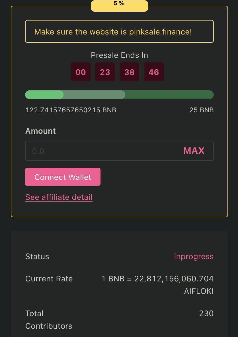 🚨LAST CALL🚨

#AIFLOKI presale will end in 24 hours.

LFG 🚀🚀🚀 Almost 5x filled from the Softcap.

If you missed $FLOKI, don’t miss $AIFLOKI💎.

pinksale.finance/launchpad/0x0A…

#AIFLOKI #BNB #Binance #ChatGPT #AI #FlokiInu