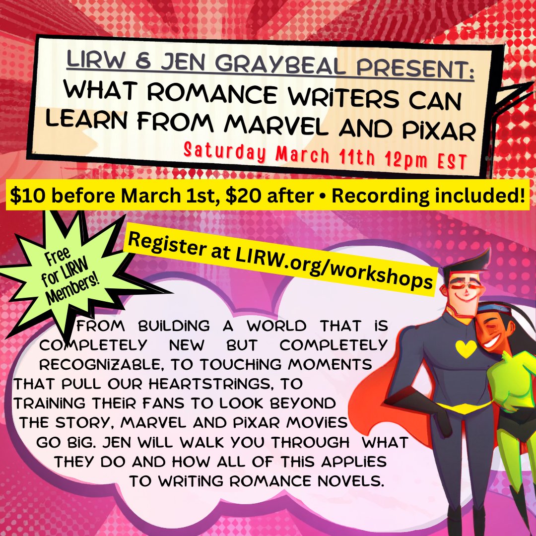 LIRomWriters's tweet photo. Join LIRW for What Romance Writers Can Learn From Marvel &amp; Pixar w Jen Graybeal Sat March 11th 12pm EST on Zoom! Recording included! Sign up early! $10 before March 1st $20 after https://t.co/kqMsfrLbxW
#amwriting #amwritingromance #amediting #writerslife #authorlife #writingtips https://t.co/ZNu3GjIqFc