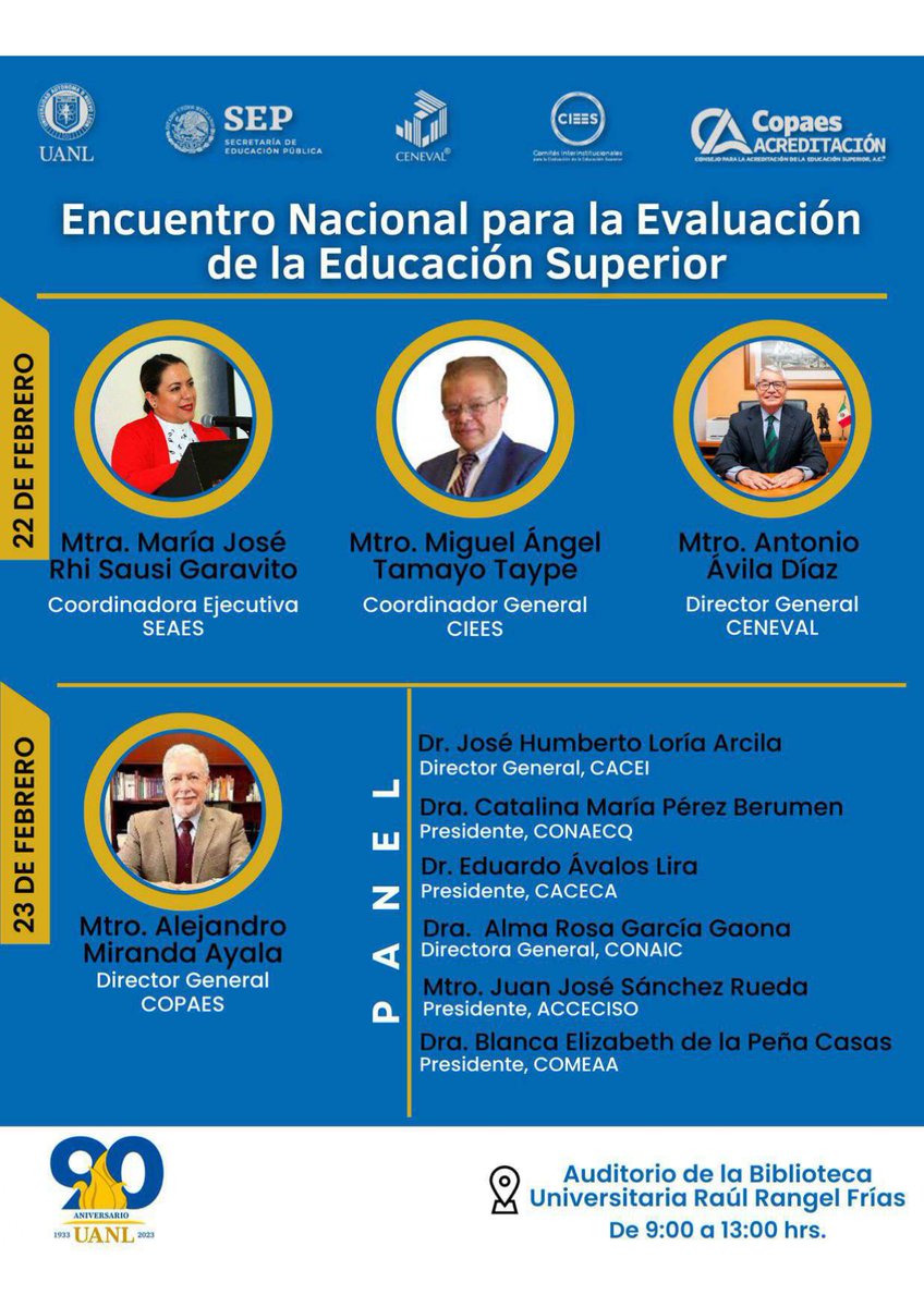 Les invitamos al Encuentro Nacional para la Evaluación de la Educación Superior. La transmisión se realizará por MS Teams con la siguiente liga de registro eventos.uanl.mx/encuentro-eval…

El día de hoy participará el Mtro. Juan José Sánchez Rueda en el panel de discusión.