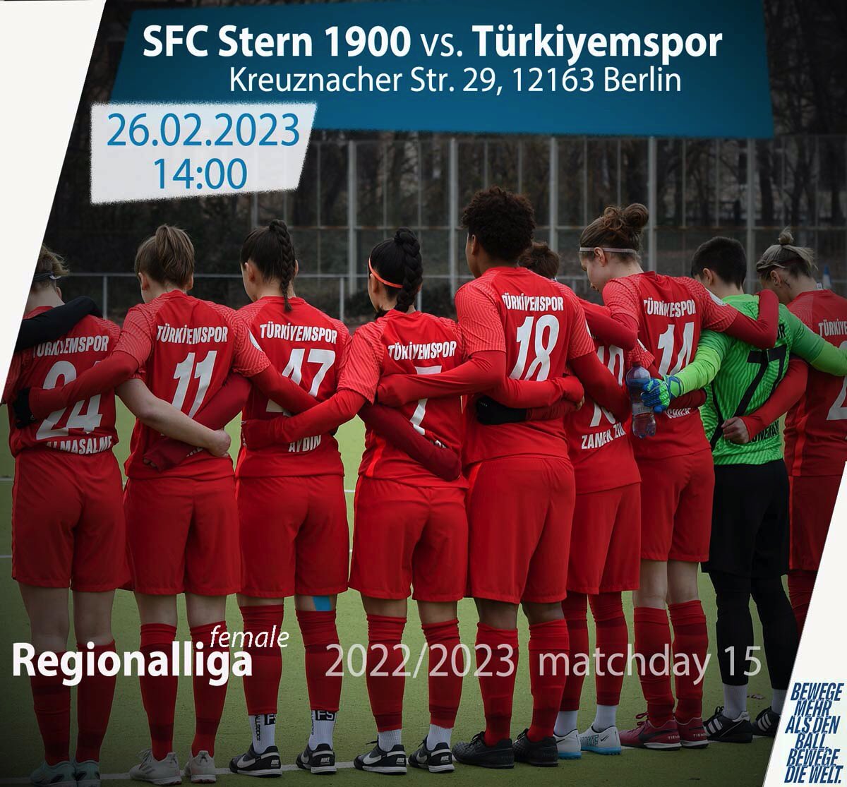 turkiyemspor's tweet photo. #nextgame #deplasman  
🆚 SFC Stern 1900  vs. Türkiyemspor
🏆 Regionalliga matchday 15 (female) 
🗓 26.02.2023 
⏰ 14:00
🏟 Kunstrasenplatz Schildhornstraße
📍 Kreuznacher Str. 29, 12163 Berlin
☁️ 2 °C (36 °F)
#⃣ #letsGoool #kreuzberg #zsmmn #birlikte #together #mavibeyaz https://t.co/rGeIzPgSDo