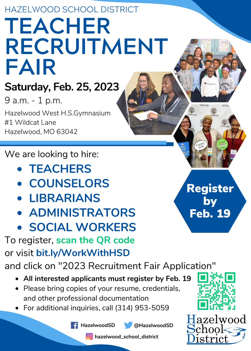 HazelwoodSD's tweet photo. HSD is looking for you to join our team! Our Teacher Recruitment Fair is today, and we hope to see you there! Registration is encouraged, but walk-ins are welcome. See flyer for all the pertinent details. https://t.co/Vi4fC8y1FR