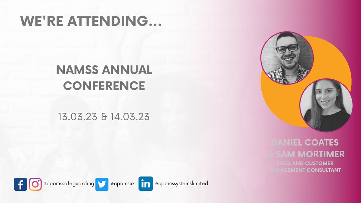 CPOMSUK's tweet photo. Dan & Sam will be at the @NAMSS_AC_UK conference next week.
If you would like to hear more about #CPOMS or #CPOMSStaffSafe make sure you stop by for a chat.
We can't wait to see you all there!
#NAMSS #conference #safeguardingchildren #education https://t.co/X5qnzMtU5r
