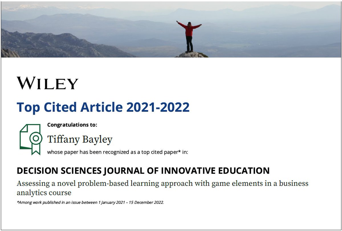 Yay! One of the top cited papers in Decision Sciences Journal of Innovative Education, with <a href="/_Ada_Hurst/">Ada Hurst</a> and David Wheatley

onlinelibrary.wiley.com/doi/full/10.11…

#TopCitedArticle  <a href="/WileyBusiness/">Wiley Business</a> #teaching #education #orms #analytics