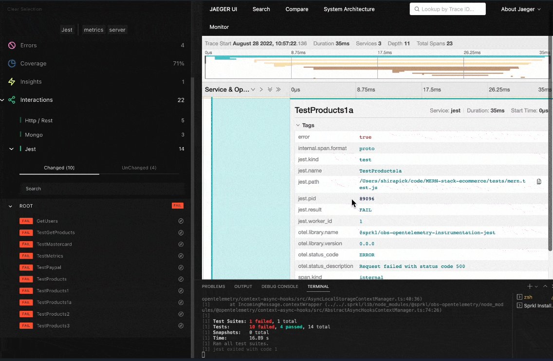 Can 𝐲𝐨𝐮 𝐝𝐢𝐬𝐜𝐨𝐯𝐞𝐫 𝐰𝐡𝐢𝐜𝐡 𝐭𝐞𝐬𝐭𝐬 𝐟𝐚𝐢𝐥𝐞𝐝 𝐝𝐮𝐞 𝐭𝐨 𝐲𝐨𝐮𝐫 𝐜𝐨𝐝𝐞 𝐜𝐡𝐚𝐧𝐠𝐞? Utilize the full power of #OpenTelemetry for your Jest tests with a trace per test and automated logging for all your mockups and assertions: 
docs.sprkl.dev/v/v/0.0.63/fea…