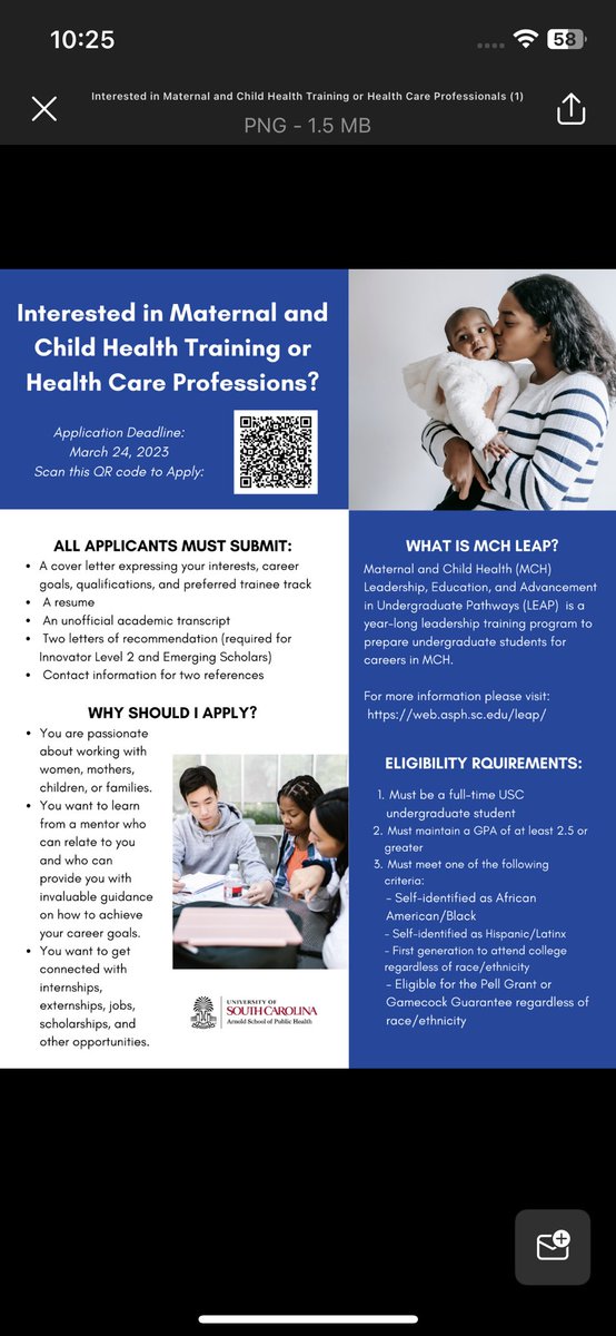 mch_leap_sc's tweet photo. Applications for the 2023-2024 cohort with MCH LEAP are now open. This is an amazing opportunity for undergraduate students with interests in maternal and child health. The program offers mentorship opportunities and internships. https://t.co/hyANJJkhWD