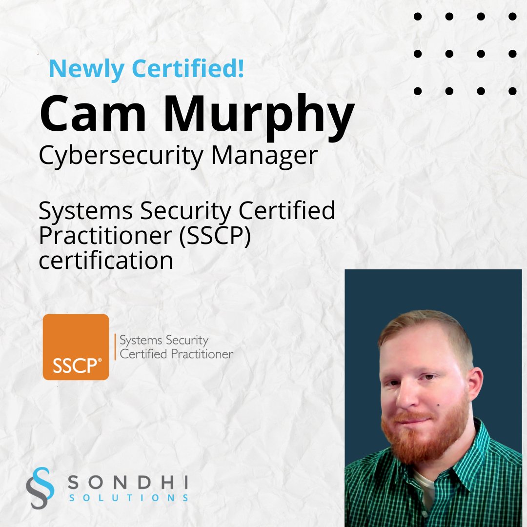 Congratulations to Cam Murphy for achieving the prestigious Systems Security Certified Practitioner (SSCP) certification! This certification demonstrates his commitment to protecting our customers' information systems and assets from cyber threats.  #cybersecurity #SSCP