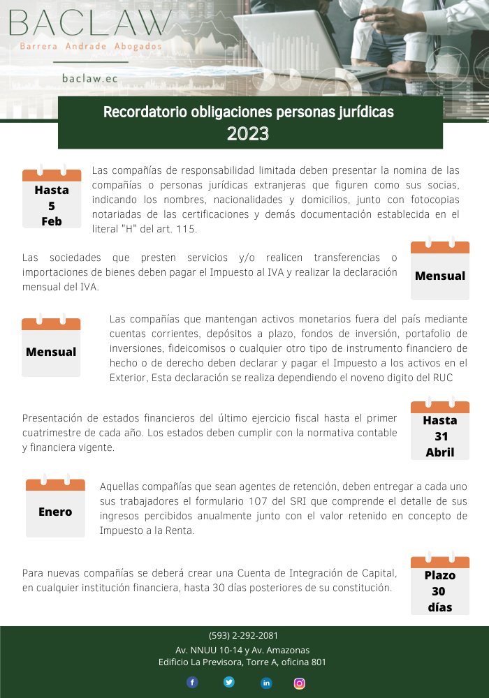 BACLAWEC's tweet image. Te informamos sobre algunas de las obligaciones que tienen las personas jurídicas en 2023.

Barrera Andrade Abogados | BACLAW tu aliado legal 🤝

#obligaciones #SCVS #SRI #ecuador #legal #abogados #BACLAW