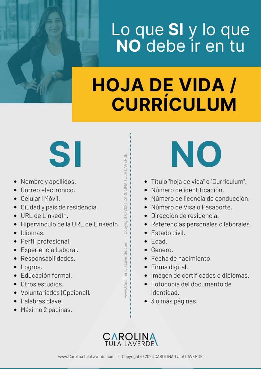 CeVaDe's tweet photo. Lo que SI y lo que NO se debe registrar en tu #HojaDeVida 
📌 #Infografia #Curriculum #CurriculumVitae 
📌 Vía #CarolinaTulaLaverde
💻 https://t.co/6gduIEWBMJ
✅ Atte. #CesarVallejodelaTorre https://t.co/Fv6rkNOp2v