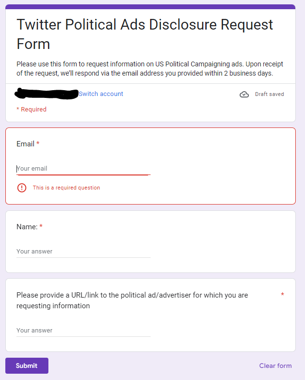 MrArenge's tweet photo. Twitter launched their political ad disclosure page

Unlike others which make all data downloadable/viewable, have to fill out a form &amp; say which advertiser's info you want

But how do you know which campaigns are advertising so the info can be requested?

https://t.co/dIqBBOB3u6 https://t.co/AglT5kTReb