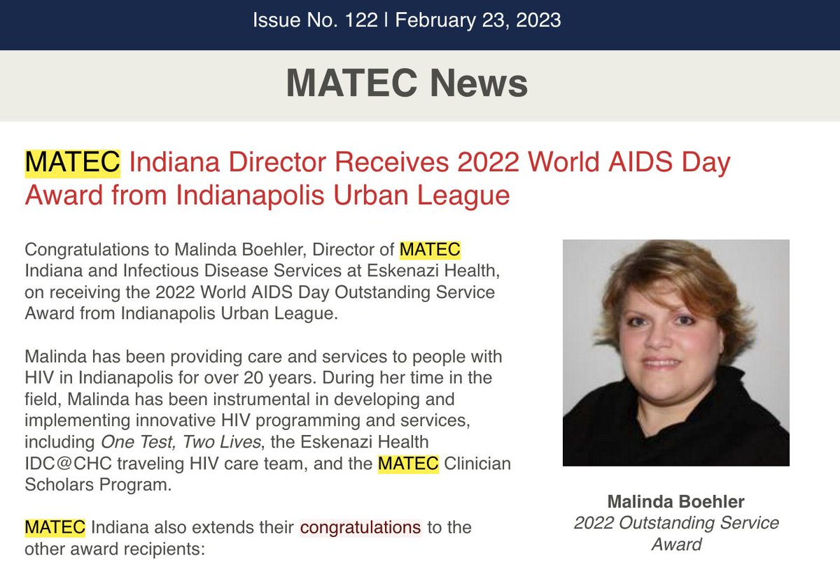 our clinic director of infectious diseases clinic at @EskenaziHealth and @MATEC_HIV Malinda Boehler honored for her outstanding services #hiv #idtwitter