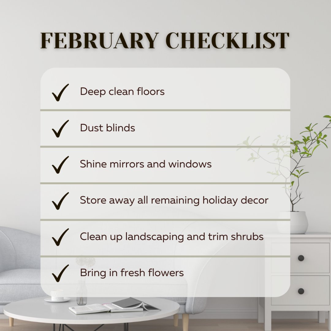 This checklist is a must-have if you want to get an early start on spring cleaning.

Make a list of all the tools and cleaning supplies you need before you start. Follow along for more tips around the home!

#februarychecklist #cleaning #homesweethome #earlystart #prespring
