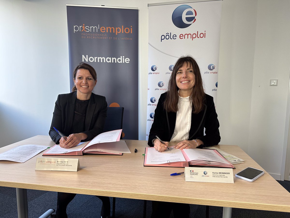 FTravail_NDIE's tweet photo. ✒️@Prism_Normandie &amp; @Poleemploi_Ndie renforcent leur coopération pour améliorer le retour à l’#emploi des demandeurs d’emploi au bénéfice des entreprises en recherche de #compétences. Un engagement formalisé officiellement ce jour par la signature d’une convention de partenariat https://t.co/uL7eC3C6Oz