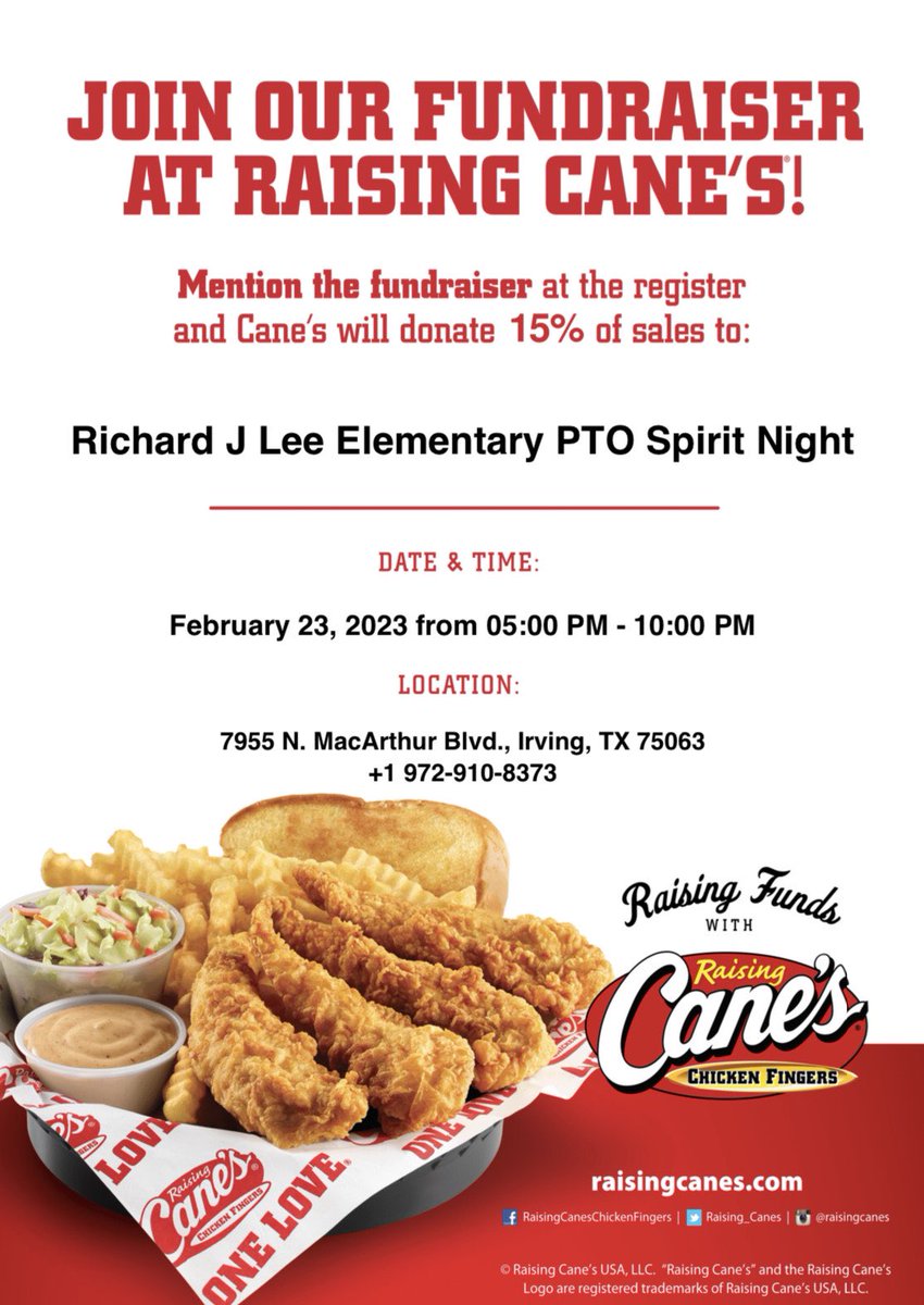 Happy Thursday FamiLEEs!! Don’t forget our spirit night <a href="/raisingcanes/">Raising Cane's</a> is TONIGHT!!! Stop by and grab a quick bite to support <a href="/FamiLeePTO/">Lee PTO</a>, just mention the fundraiser at time of purchase! 🍗🍟🎉
#rjlyear9 #FamiLEE