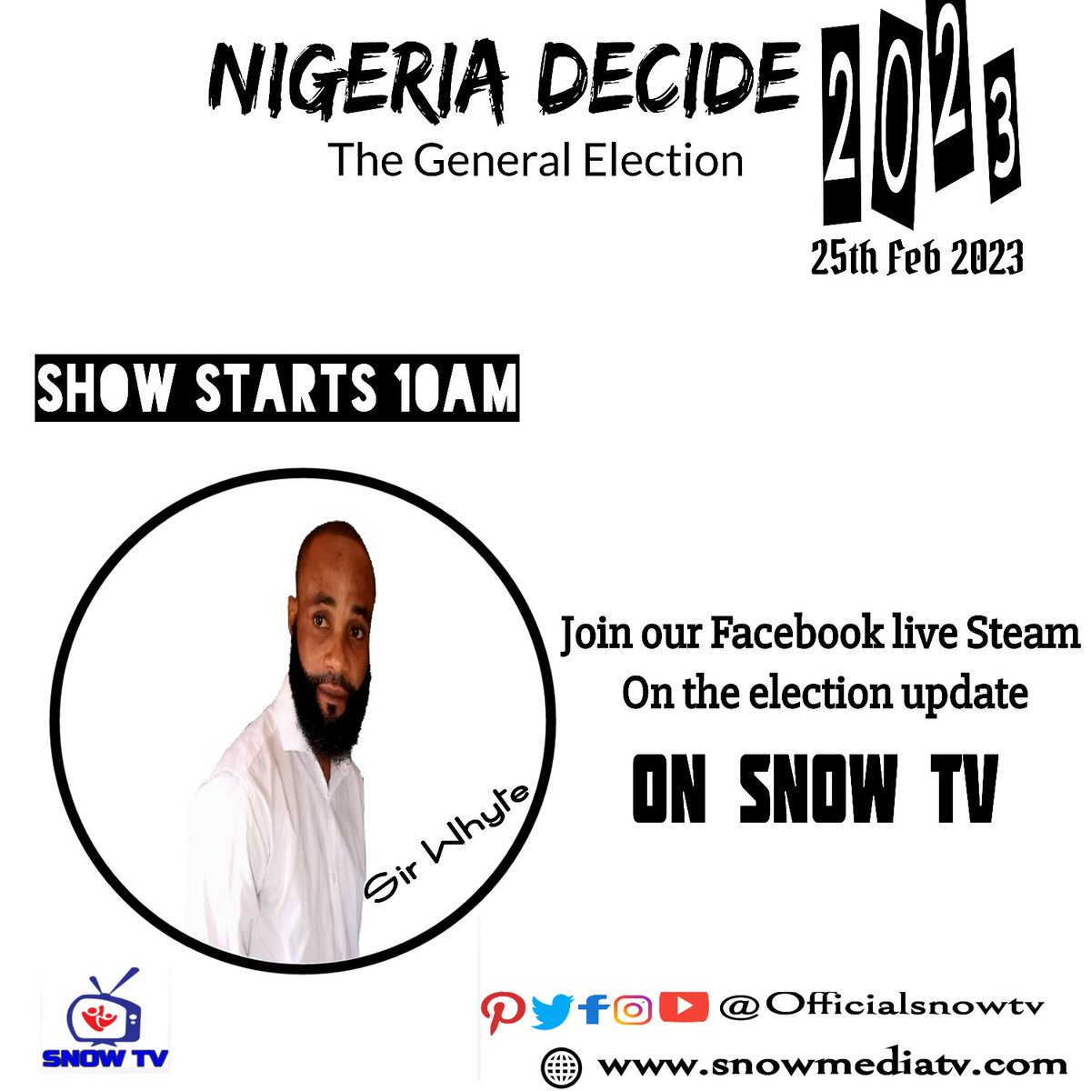 OfficialSnowtv's tweet photo. Join our Facebook, Twitter, Instagram, YouTube live Steam as we bring you live updates across the country
@OfficialSnowtv https://t.co/Zt9t0wmAtf
#NigeriaDecides2023 #officialsnowtv #snowtv #election2023 #NewsUpdate https://t.co/rq1XFC4dJi