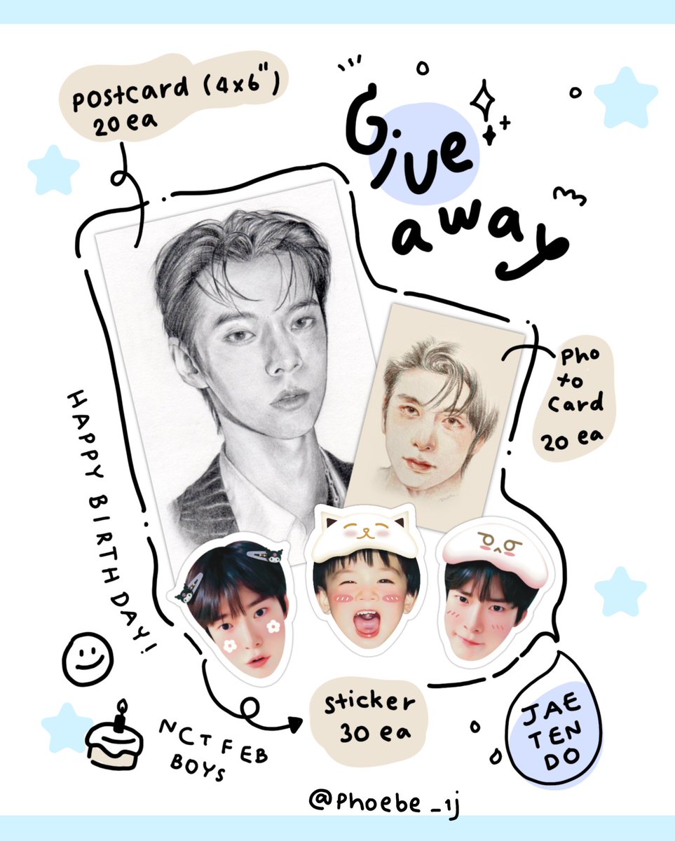 pls kindly rt: give away 🐈‍⬛ ·˚ ₊˚ˑ   

Postcard ﹆ Doyoung 20 ea
Photocard ﹆ Jaehyun  20 ea
Sticker ﹆ Ten & Doyoung 30 set

📍 Location: siam 
🗓️ Date: 25 Feb 23
⏰ Time: tba

rt & show this tweet
 🎀૮₍ ˃ ⤙ ˂ ₎ა🫧

#HAPPYTENDAY
#HAPPYJAEHYUNDAY
#HAPPYDOYOUNGDAY
#NCTFEBBOY