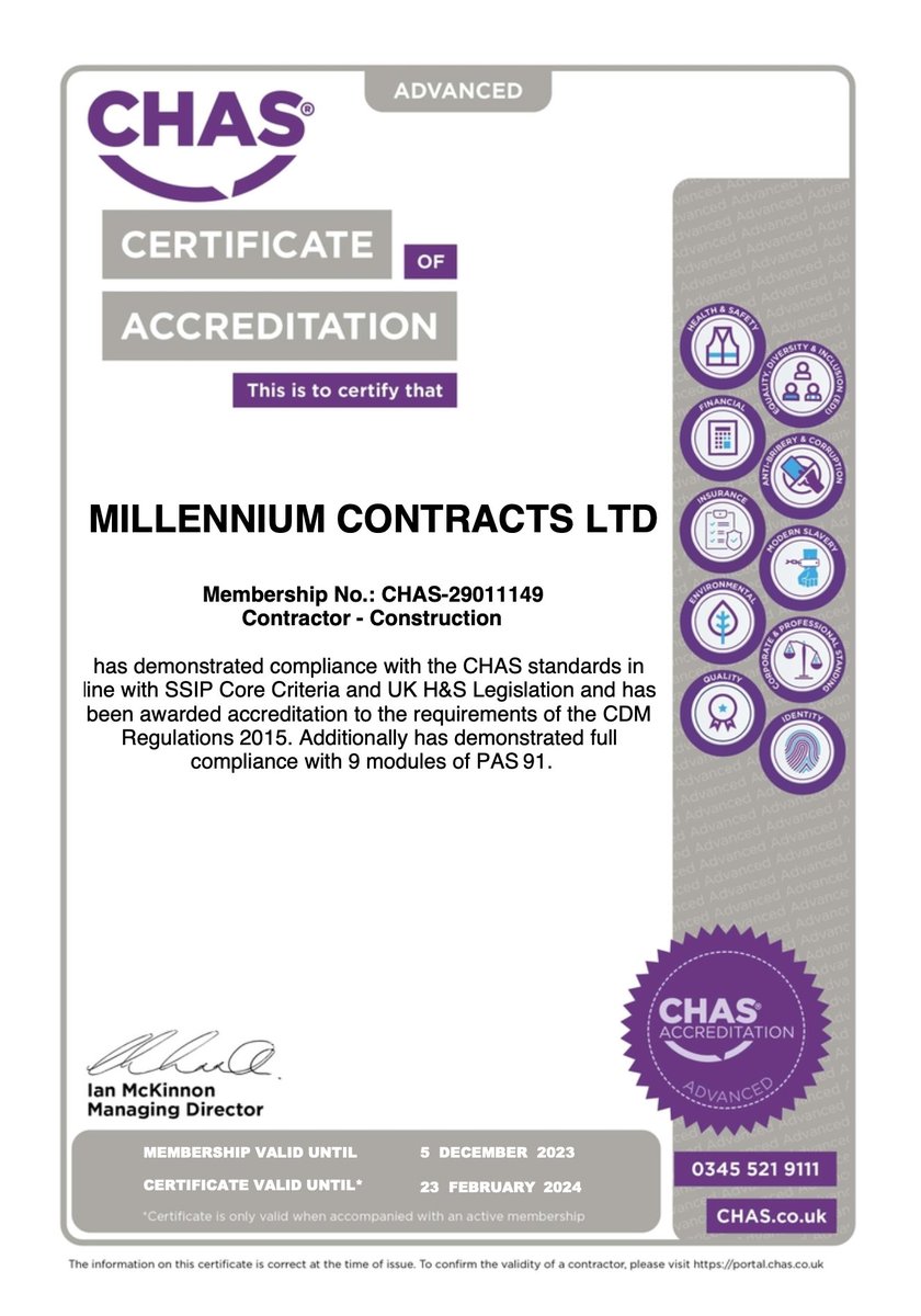 We are delighted to announce that Millennium Contracts Ltd has achieved the CHAS Advanced Accreditation <a href="/CHAS2013Ltd/">CHAS</a>