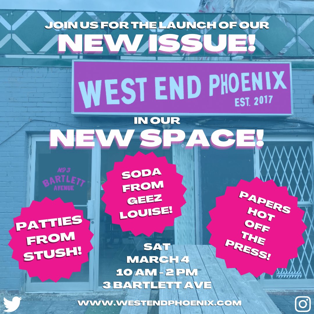 Celebrate the launch of our new space AND our upcoming Food Issue with us! 

We'll have papers, patties from Stush (read all about them in the issue!) and drinks from Geez Louise! Come say hi, see the space, and grab a 🗞️ and a 🥤🥟!

Sat March 4 from 10 am - 2pm! 3 Bartlett!