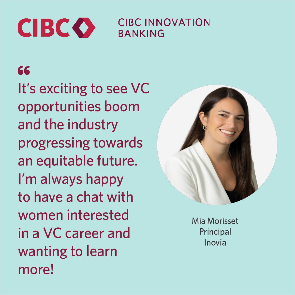 CIBC Innovation (@cibcinnovation) on Twitter photo "It’s exciting to see VC opportunities boom and the industry progressing towards an equitable future. I’m always happy to have a chat with women interested in a VC career and wanting to learn more!” - Mia Morisset, Principal, <a href="/inovia/">Inovia Capital</a> #IWD2023 #EmbraceEquity "It’s exciting to see VC opportunities boom and the industry progressing towards an equitable future. I’m always happy to have a chat with women interested in a VC career and wanting to learn more!” - Mia Morisset, Principal, <a href="/inovia/">Inovia Capital</a> #IWD2023 #EmbraceEquity