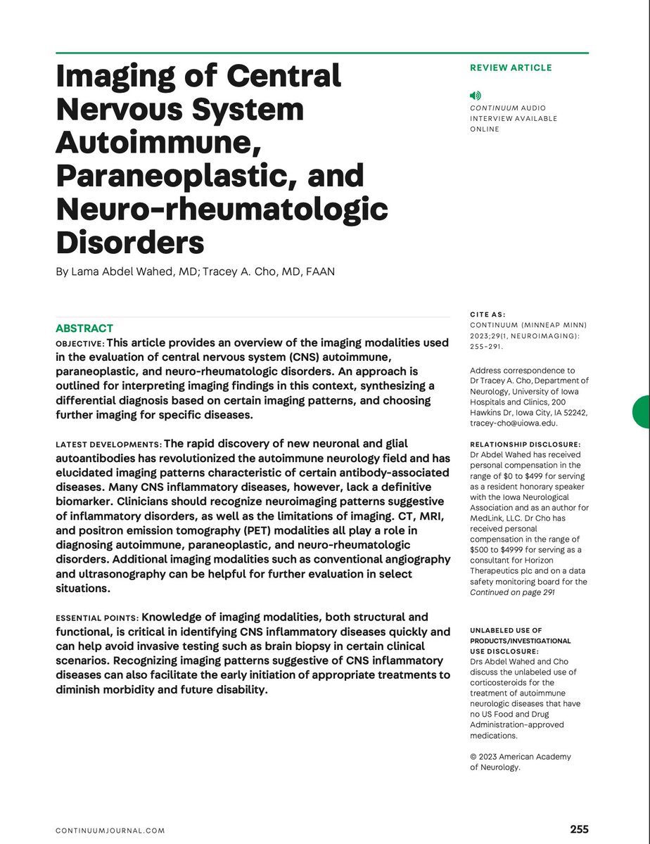 CarlosJMoreno_'s tweet photo. #Review #Neurology 
Imaging of Central Nervous System Autoimmune, Paraneoplastic, and Neuro-rheumatologic Disorders.

Continuum (Minneap Minn). 2023;29(1):255-291. doi:10.1212/CON.0000000000001244 https://t.co/4YDHcPp2CC