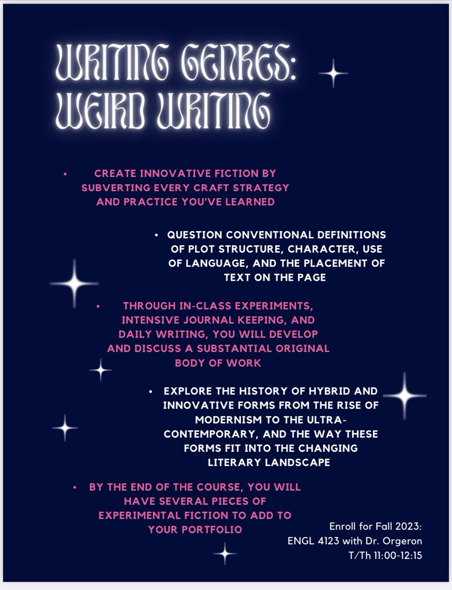 SWOSU_Lang_Lit's tweet image. “I like writing. Is that weird?” Enroll in Dr. Taylor Orgeron’s class in the Fall 2023 semester to explore, experiment, and create “weird” writing! 

*Thank you to Skye Cowley, SWOSU student, for making this flyer!*

#swosu #swosulanglit #swosuwrites #writinggenres #weirdwriting