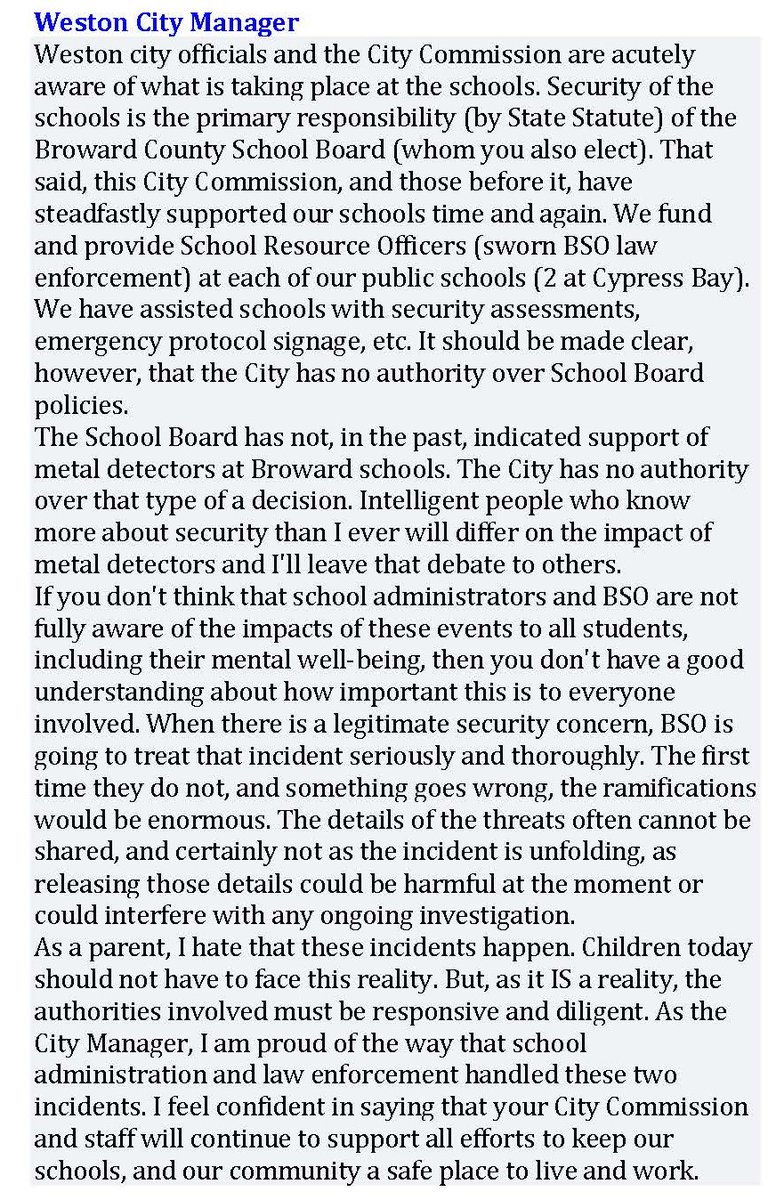 CityofWeston's tweet photo. #Weston City Manager Donald Decker provided the attached response on Facebook to some community concerns surrounding the incidents at Cypress Bay, the response and security. @PrincipalCBHS https://t.co/c4N4pVloYA