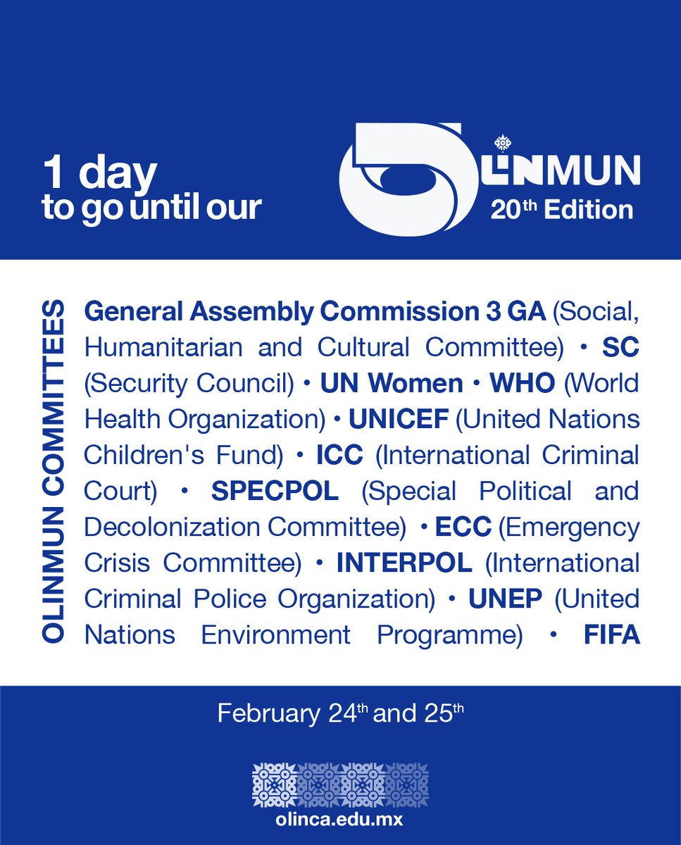 OLINMUN Committees are ready, see you tomorrow.

olinca.edu.mx/committeesytop…

OLINMUN 20th Edition.
February 24th and 25th

#OLINMUN | #OlincaExcelenciaEducativa