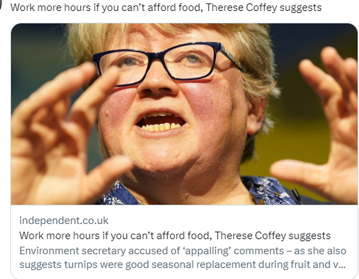 Britain_People's tweet photo. 'Work more hours if you can't afford FOOD' suggests Therese Coffey.

RETWEET if you think this is unfair.

#ToriesOut https://t.co/UCtmMvG0LO