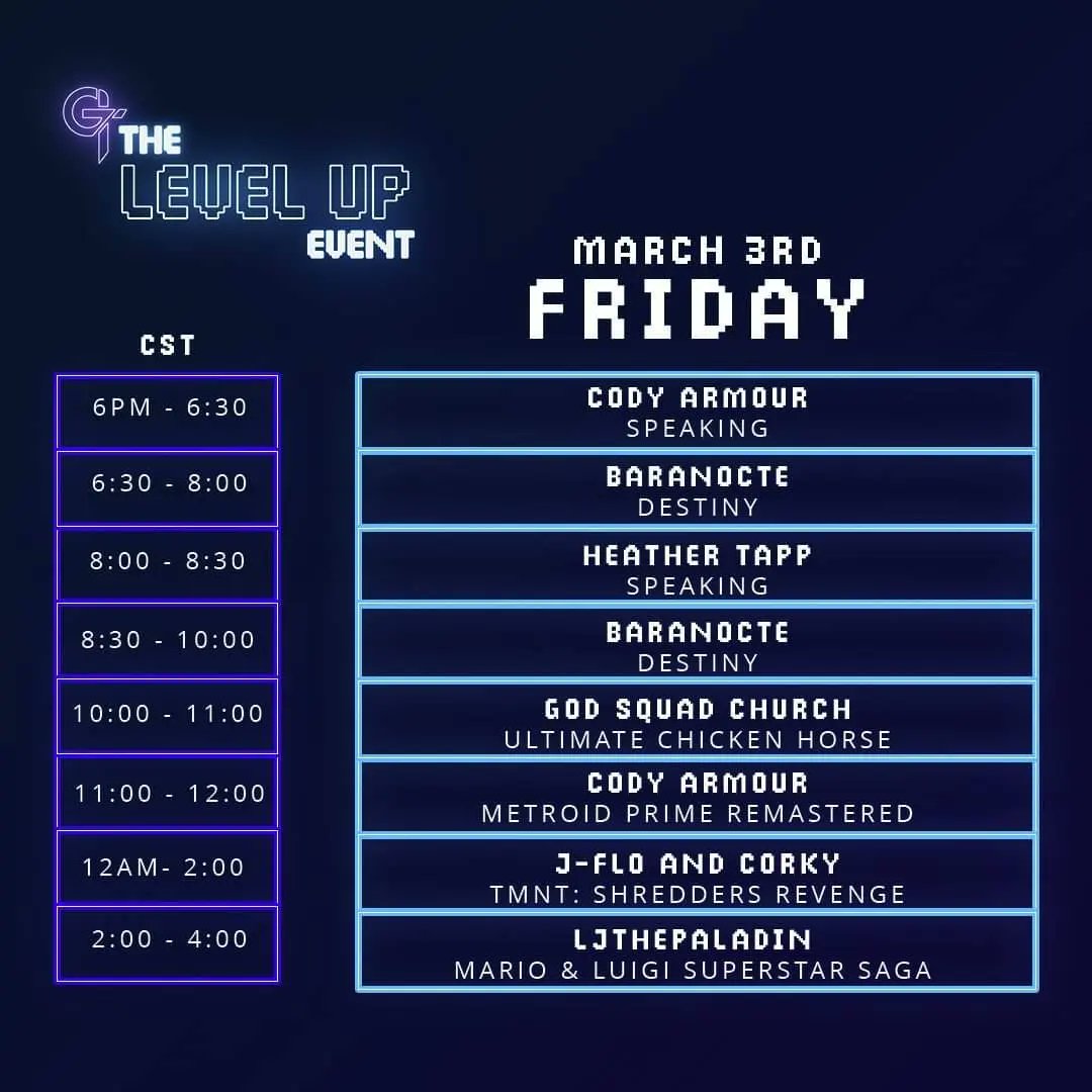 GeeksUnderGrace's tweet photo. We have a schedule! #LevelUpEvent https://t.co/wVi935DE65