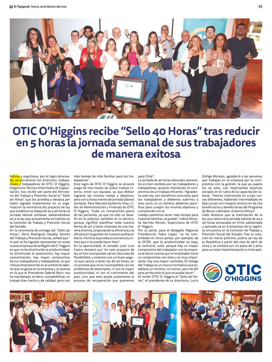 TrabajoOHiggins's tweet photo. 🤝⏰Las #40Horas avanzan en la Región de O'Higgins! 
👉 Hoy Diario El Tipógrafo destaca la entrega del #Sello40Horas al equipo de trabajo y directivos de @OticOhiggins.  👏🙌 https://t.co/qqlDvsGyOC